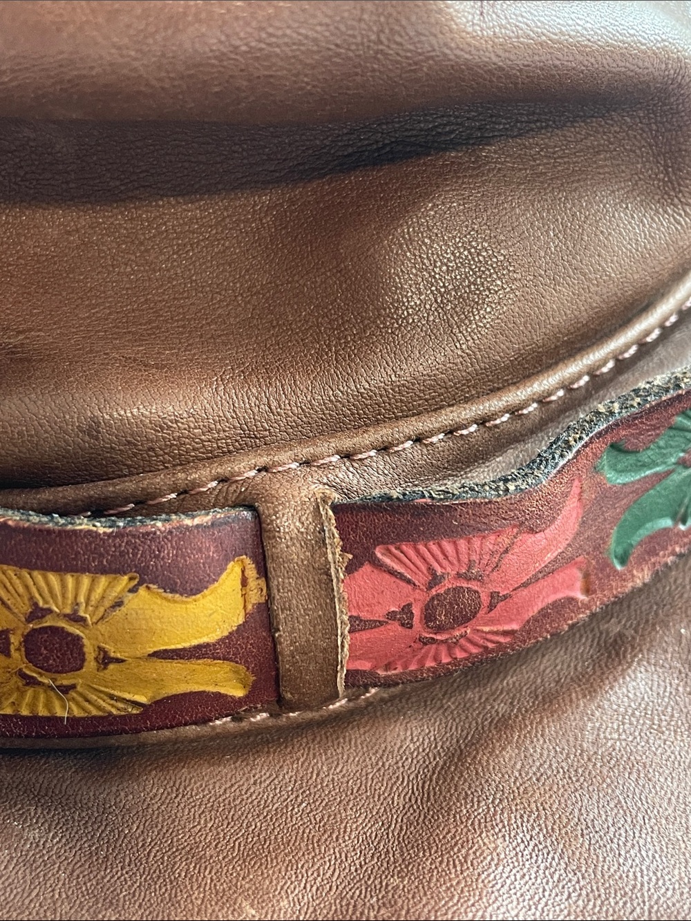Vintage 70’s Brown Leather Hat with Multicolor Floral Trim - Picture 2 of 13